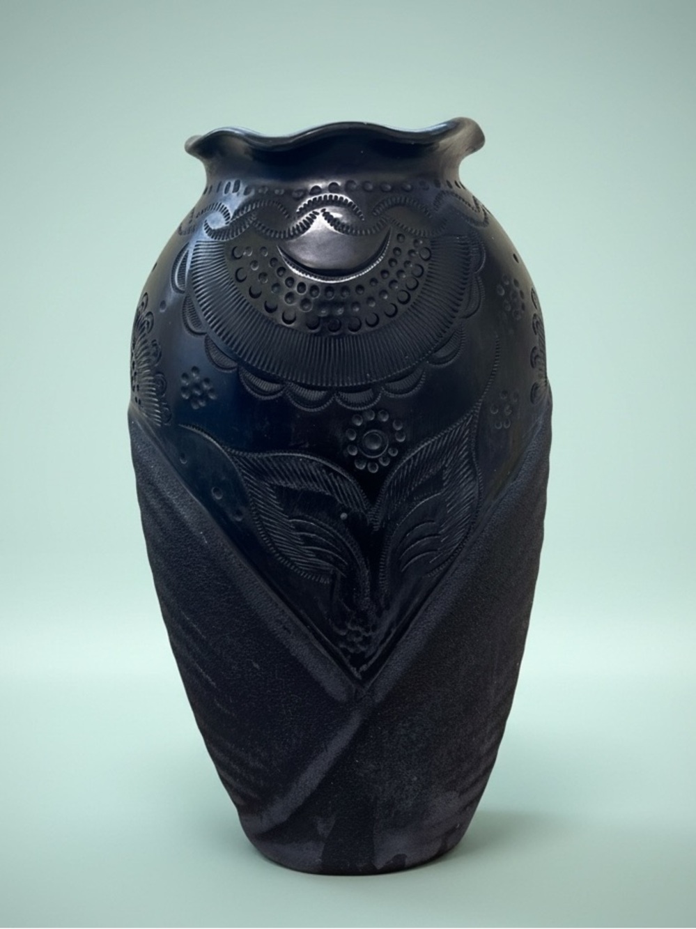 Vintage Hand Carved Black Barro Negro Ceramic Vase